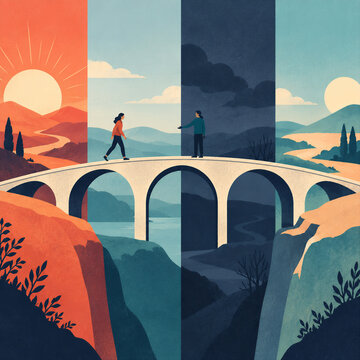 Illustrated people crossing a bridge between contrasting sunlit and dark landscapes. Bipolar disorder and shifting mood concept. Mental health awareness, emotional wellbeing and psychology