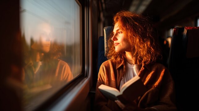 Young Caucasian woman with curly red hair gazes through train window at sunset while holding a book, capturing a peaceful moment of solo travel and quiet reflection during golden hour