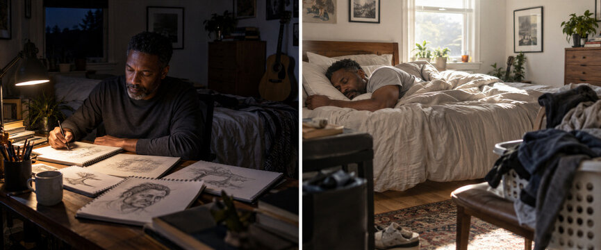 Man drawing in sketchbook beside bed in dim bedroom, paired with man asleep in bright bedroom. Bipolar disorder and mental health awareness. Creative coping and sleep routine