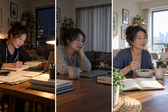 Triptych of woman journaling, resting and eating at home. Bipolar disorder and mental health awareness. Mood changes, emotional wellbeing and daily life. Personal wellness concept