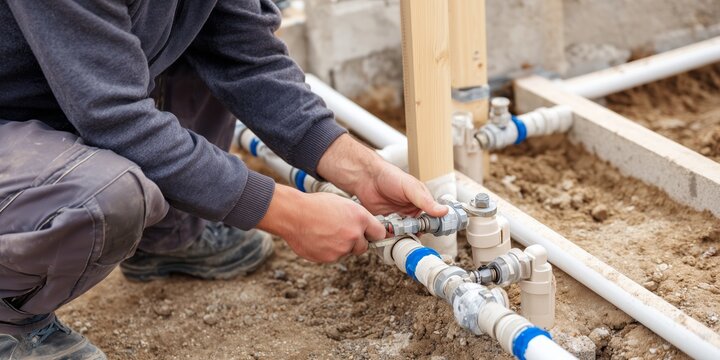 Plumber installing a water supply system at construction site of new built house