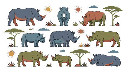 Rhinoceros Vector Character Set Featuring Rhinos in Multiple Poses, Acacia Trees, and African Safari Savannah Elements for Wild Animal Graphic Designs © minara