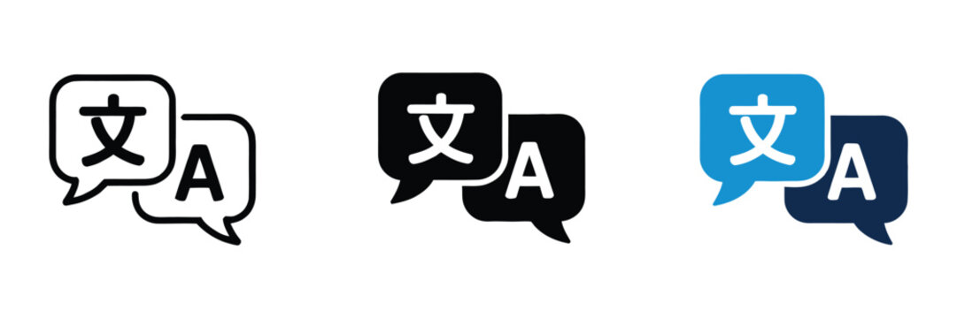 Language communication symbol collection. Speech bubbles and translation icons for global collaboration, foreign language support and online conversation systems