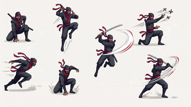 Ninja character action poses set in martial arts fighting and jumping stances