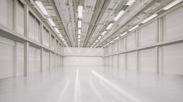 3d rendering white empty factory interior fully enclosed with ceiling lights 4k footage