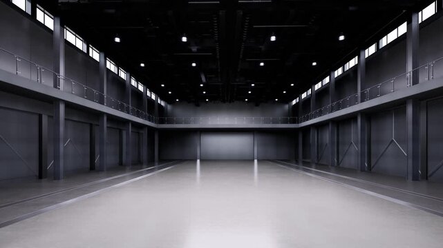 Black empty factory interior fully enclosed with ceiling lights
