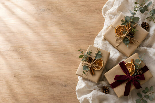 Zero waste Christmas gifts wrapped in kraft paper, top view
