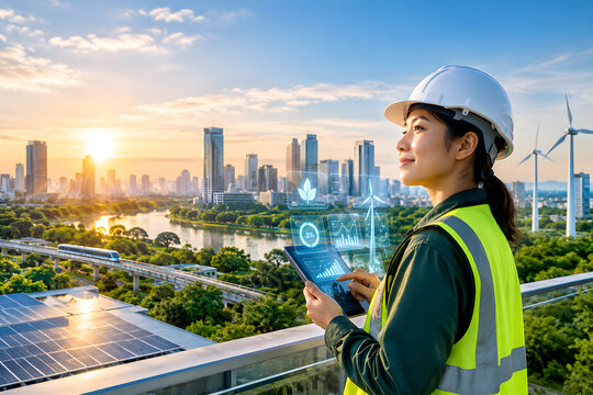 Renewable Energy Engineer Inspecting Solar Farm with Wind Turbines at Sunrise