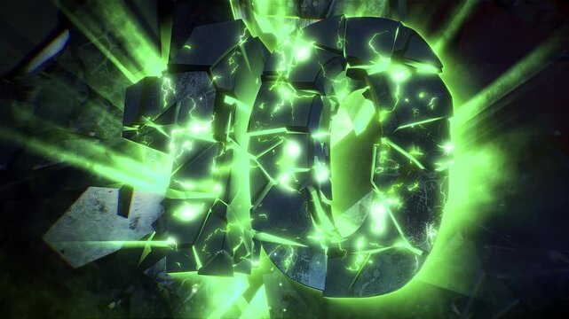 Cinematic background of a 3D number shattering into shards against a fractured backdrop, accented with light rays and electrical pulses. Ideal for video captions and countdown sequences.
