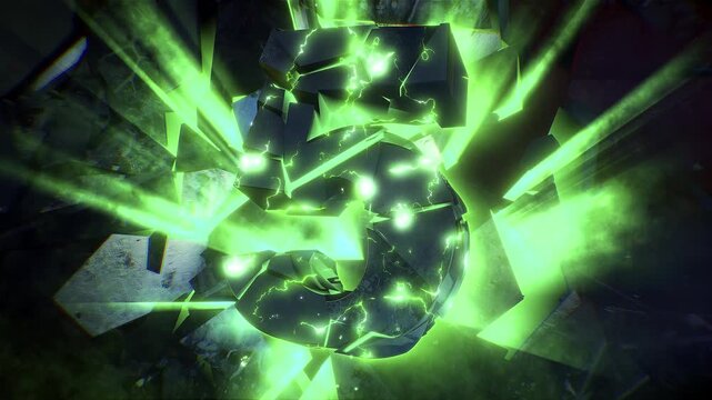 Cinematic background of a 3D number shattering into shards against a fractured backdrop, accented with light rays and electrical pulses. Ideal for video captions and countdown sequences.
