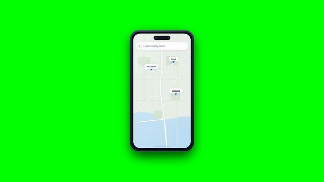 Smartphone mockup displaying GPS map navigation app on green screen background, featuring modern mobile device with chroma key for compositing and location tracking UI.