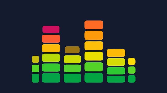 Flat icon of a colorful audio equalizer with six columns of rounded blocks going from green at the bottom through yellow and orange to red and pink at the top, on a dark navy background with copy spac