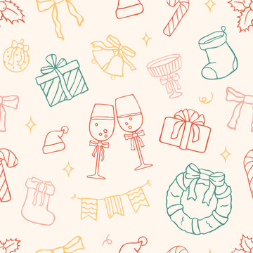 Seamless background with New Year hand drawn elements. Christmas coquette pattern. Vector illustration. Winter party doodle decoration objects with tied bows. Holiday graphic, pastel color sketch.