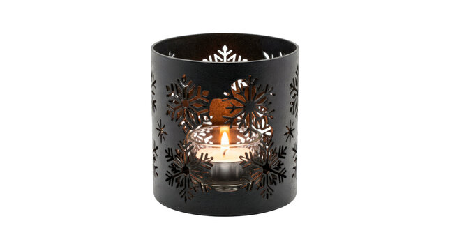Metal candleholder with snowflake cutouts, dark matte finish, and intricate winter light-pattern design Photorealistic studio product photography, front three-quarter view, tack-sharp focus,