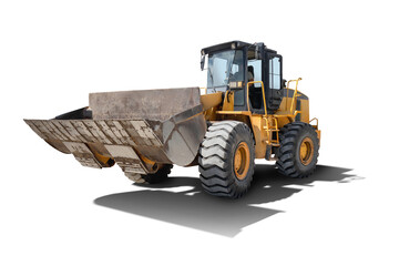 The loader stands on an isolated background ready for construction tasks. Its large bucket and tires show its capability for moving materials easily. © Anoo