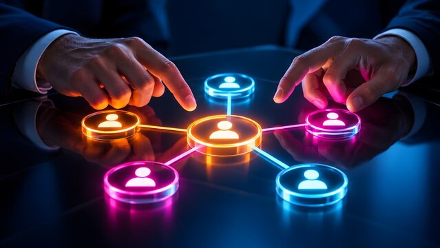 Professional hands interacting with a vibrant glowing digital network of connected user icons, symbolizing modern social media communication and intricate business organization strategies.