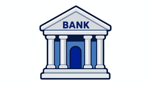 Cartoon icon of a classic bank building with a triangular pediment, white columns, blue walls and an arched navy door on a white background with copy space. The BANK letters bounce one by one, the fro