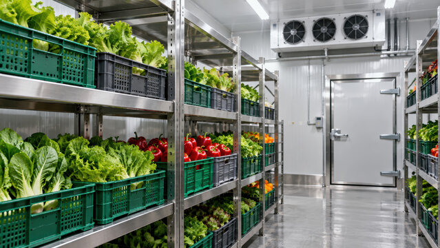 Sustainable food supply chain in cold storage room with fresh vegetable crates on metal shelf