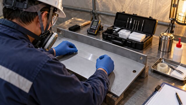 Worker checking small marked test area on long steel beam at dock