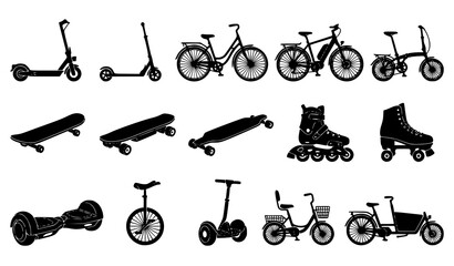 Black Eco Friendly Personal Transportation and Micro Mobility Vehicle Silhouettes © Mukta