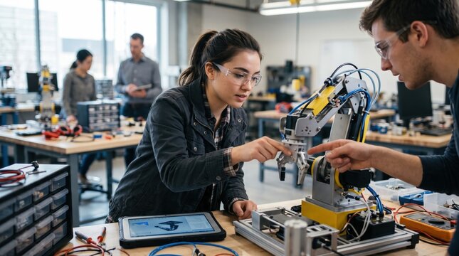 Young engineers collaborate on a robotic arm in a modern lab