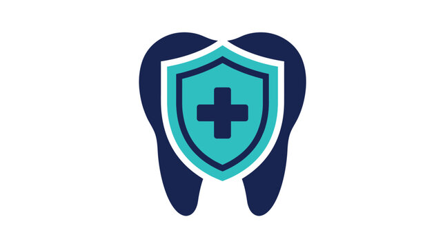 Dental protection logo featuring dark blue tooth icon with bright turquoise shield and cross
