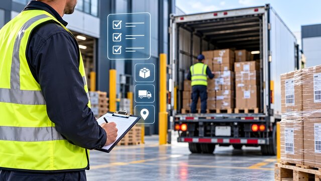 Pekerja Logistik Memeriksa Papan Klip dengan Ikon Digital Pengiriman Saat Truk Memuat Kotak di Latar Belakang