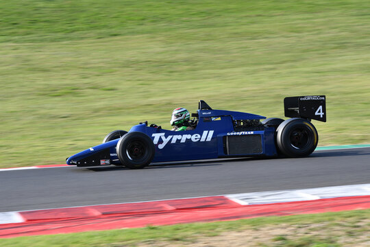 Scarperia, Italy - October 2th 2026: Tyrrell 014 of year 1985 ex Stefan Bellof drive by unknown in action during practice session at Mugello Circuit.
