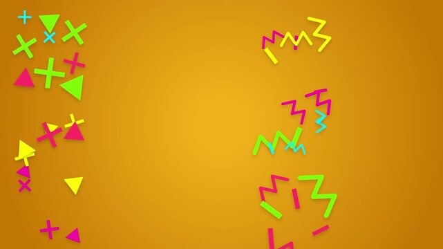 Vibrant Memphis Design Motion Background Featuring Floating Neon Geometric Shapes Including Zigzag Lines Crosses And Triangles In Playful Multicolor Animation On A Solid Mustard Yellow Backdrop Surfac