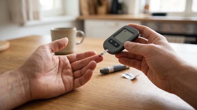 Close-up of hands holding a blood glucose meter, performing a finger-prick test on a wooden table. An individual monitors their blood sugar levels for health management at home.