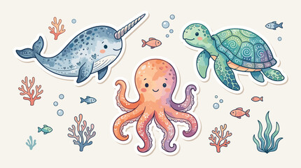 Adorable watercolor sea animal sticker set featuring a narwhal octopus and green sea turtle © Mcdoo