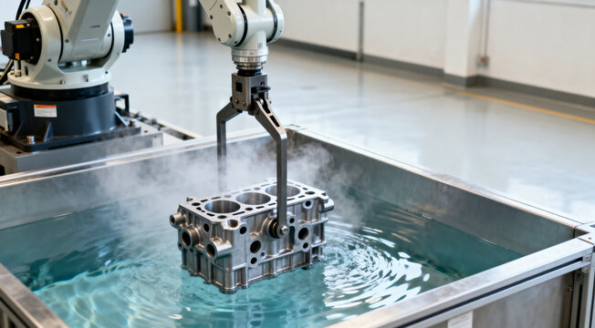 Robotic arm lifts a metal engine block from an ultrasonic cleaning tank, creating steam and ripples in a bright factory environment, showcasing precision engineering