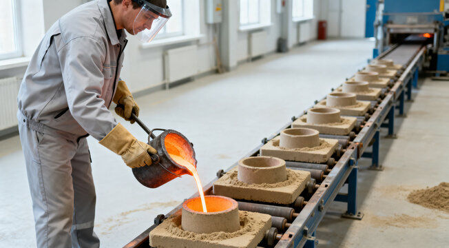Foundry worker pouring molten metal into sand molds on industrial casting production line