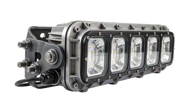 Heavy-duty LED light bar, rugged industrial off-road lamp with metal housing, high-intensity automotive auxiliary lighting for trucks and machinery.