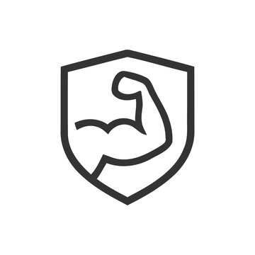 Strong bicep arm line icon inside protection shield crest for fitness club and gym security.