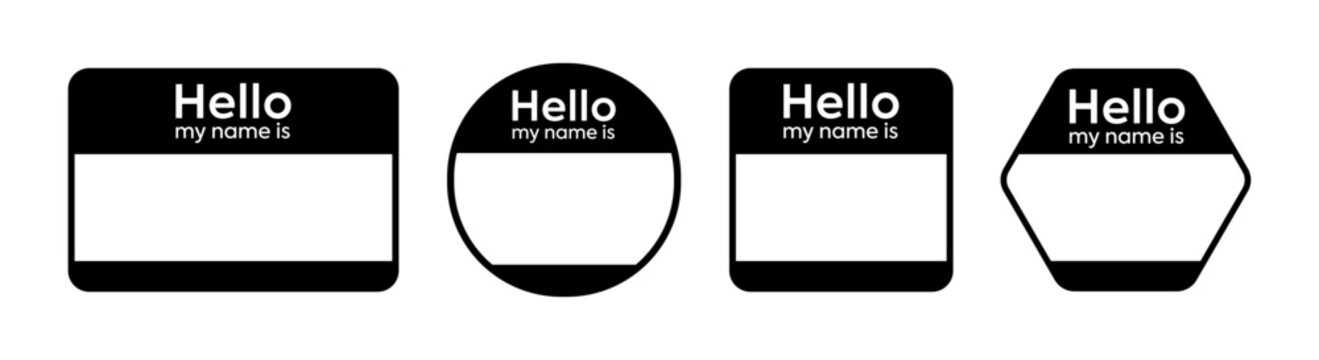 ID badge name black icons silhouette set. Isolated identity simple badges symbols on white background. Hello my name is tag signs card. Vector illustration Vector illustration.