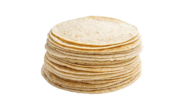 Stack of traditional round Mexican corn tortilla flatbreads isolated on transparent background