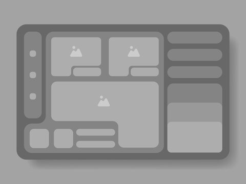 Modern Dark Mode Dashboard UI Wireframe Template Vector Design with Multi Image Placeholders and Widgets