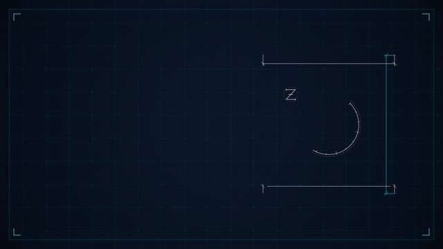 Clean deep navy blueprint animation featuring orthogonal dimension frames, protractor arcs, scale-overshoot math symbols, and algebraic equations sliding along technical vector rails.