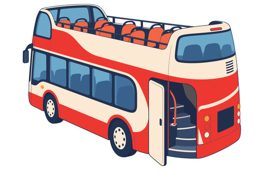 Red and cream double-decker bus with an open passenger door revealing the entry steps and orange seats on its open upper deck in three-quarter view