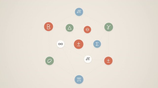 Contemporary soft matte educational motion graphics featuring warm sand grey background, smooth bouncing pastel circles with math symbols, dashed constellation lines, and slow orbital rotation in 4K.