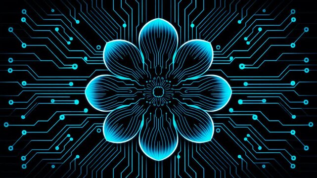 Abstract glowing blue digital flower on circuit board background, futuristic technology concept