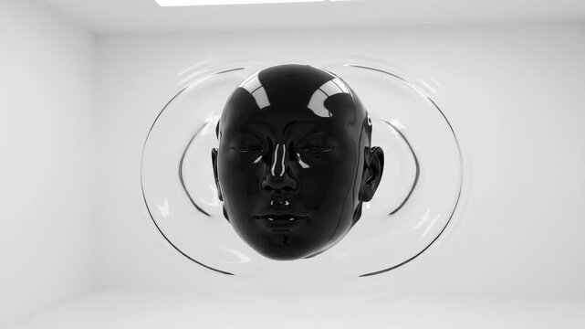 Black ink face morphing sphere human identity transformation surreal portrait: A glossy black sphere reshapes into a human head within clear ripples for conceptual design campaigns