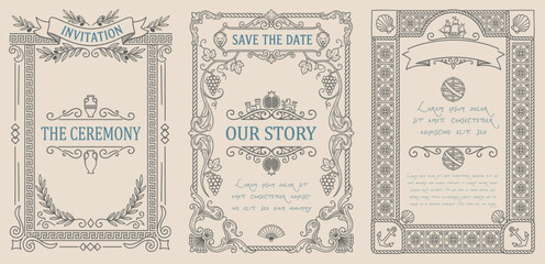 Plakat Ornate classic wedding card templates set in vintage style. Vintage decorative ornament design elements set vector illustration