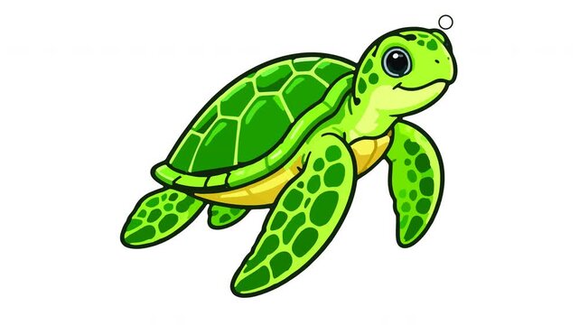 Adorable cartoon sticker of a green sea turtle with big shiny eyes and a happy smile on a white background with copy space. The turtle glides along with a gentle swimming bob and tilt, little bubbles