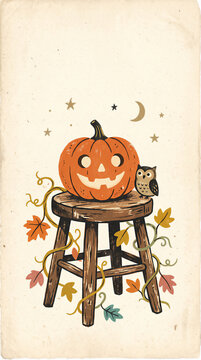 Jack o lantern pumpkin and owl on wooden stool. Vintage Halloween decoration with autumn foliage. Seasonal holiday illustration for greeting card, packaging and party design concept.