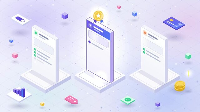 Isometric SaaS pricing table with three plan cards, cursor clicks the popular plan button, 4K animation