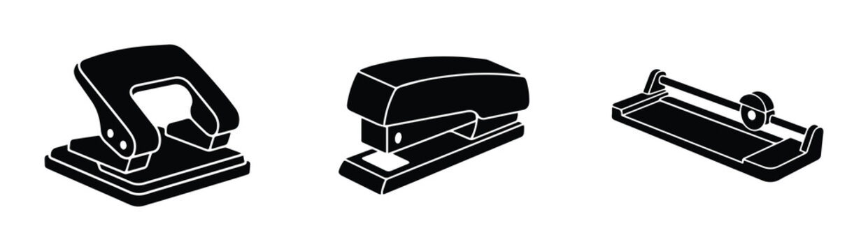 Office stationery set with hole punch, stapler and paper cutter silhouettes for business