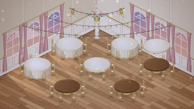 Isometric banquet hall setup with round tables, tablecloths, place settings and string lights turning on, 4K animation