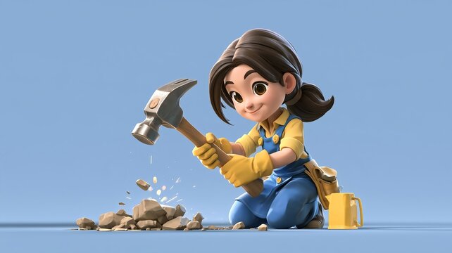 A cheerful 3D cartoon girl wearing work overalls and safety gloves uses a hammer to break rocks against a clean blue background.